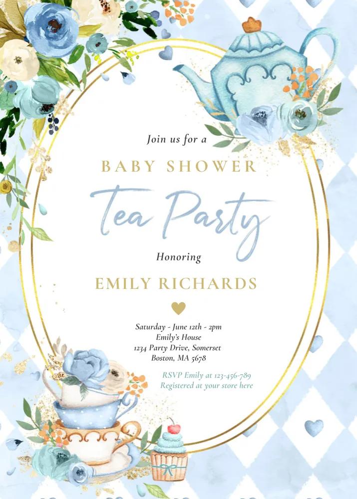 Blue Roses Tea Party Baby Shower Invite - Boy Baby Brewing Canva Template