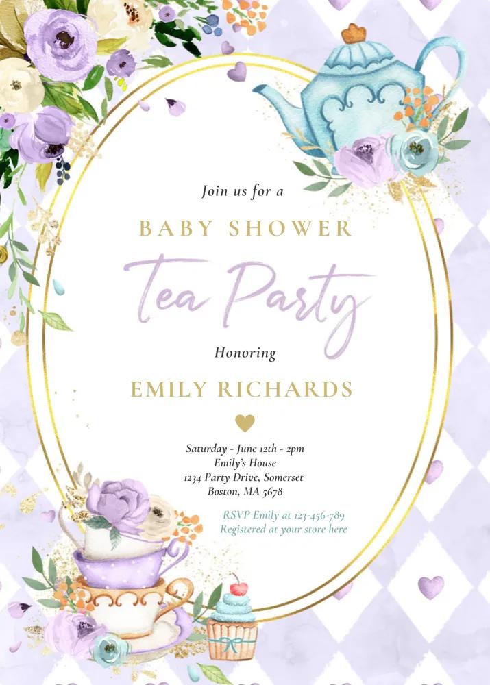 Lilac Rose Tea Party Baby Shower Invite | Girl Baby Brewing Canva Template