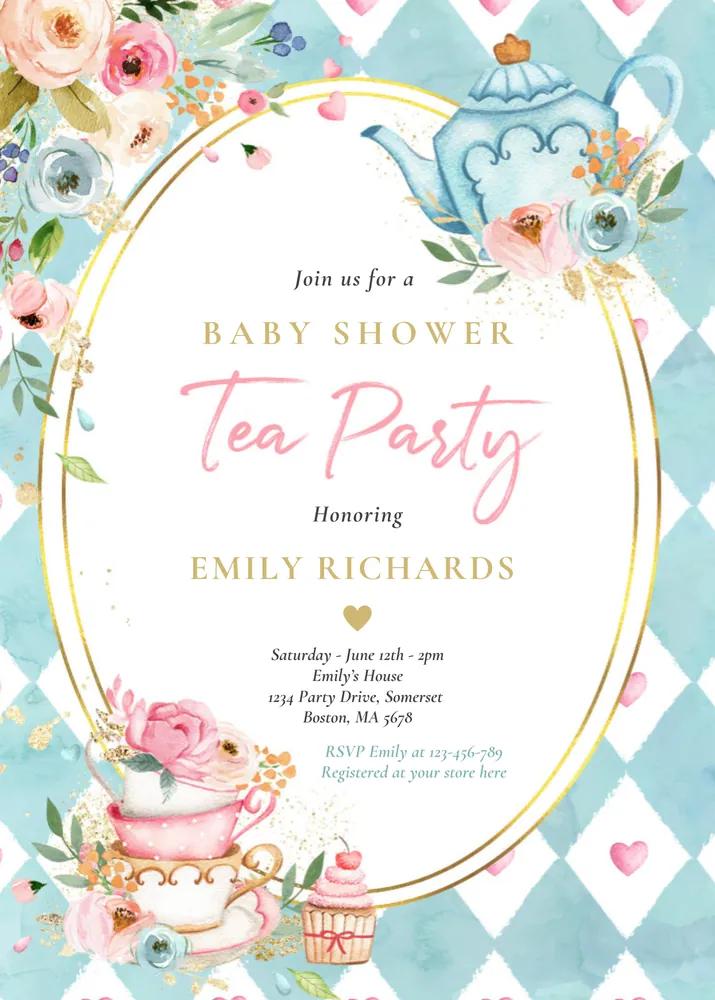 Pink Roses Tea Party Baby Shower Invite - Editable Canva Template