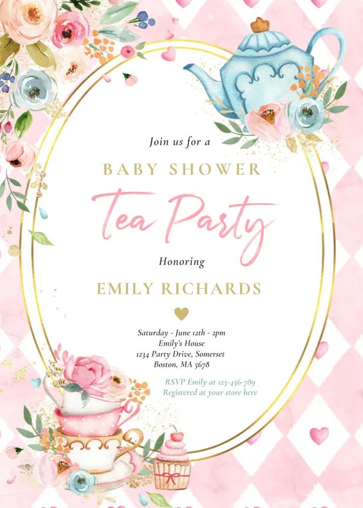Tea Party Baby Shower Invitation Pink Roses Girl Baby Brewing Canva Template