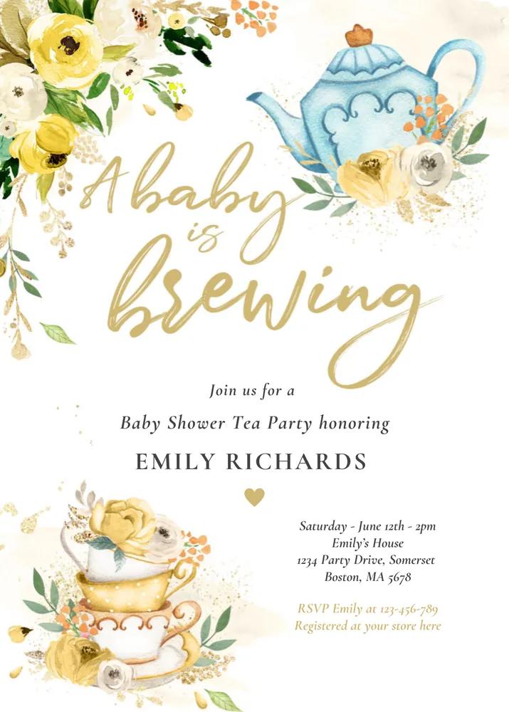 Tea Party Baby Shower Invitation | Neutral A Baby is Brewing Canva Template