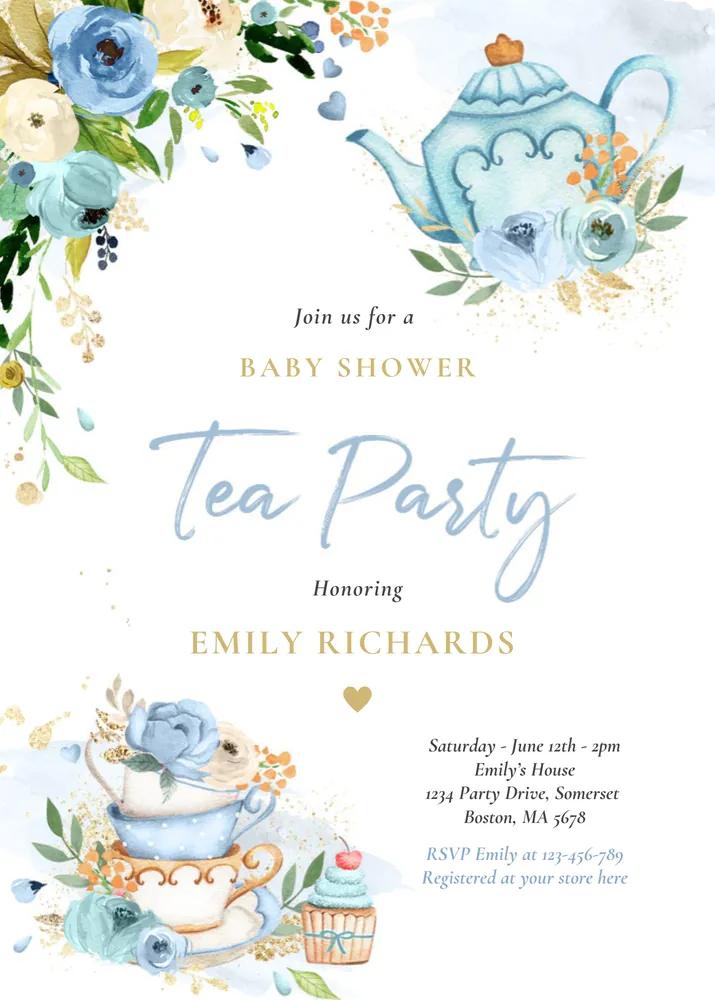 Blue Rose Tea Party Baby Shower Invite - Editable Canva Template Boy