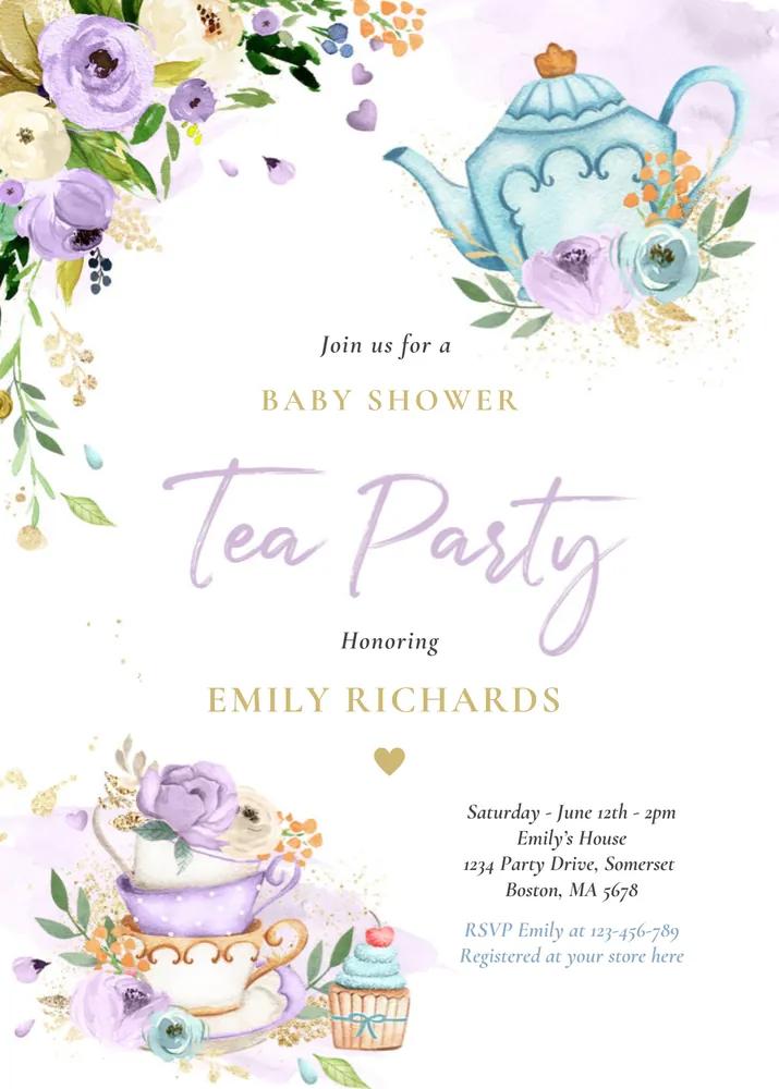 Lilac Rose Tea Party Baby Shower Invite | Editable Canva Template