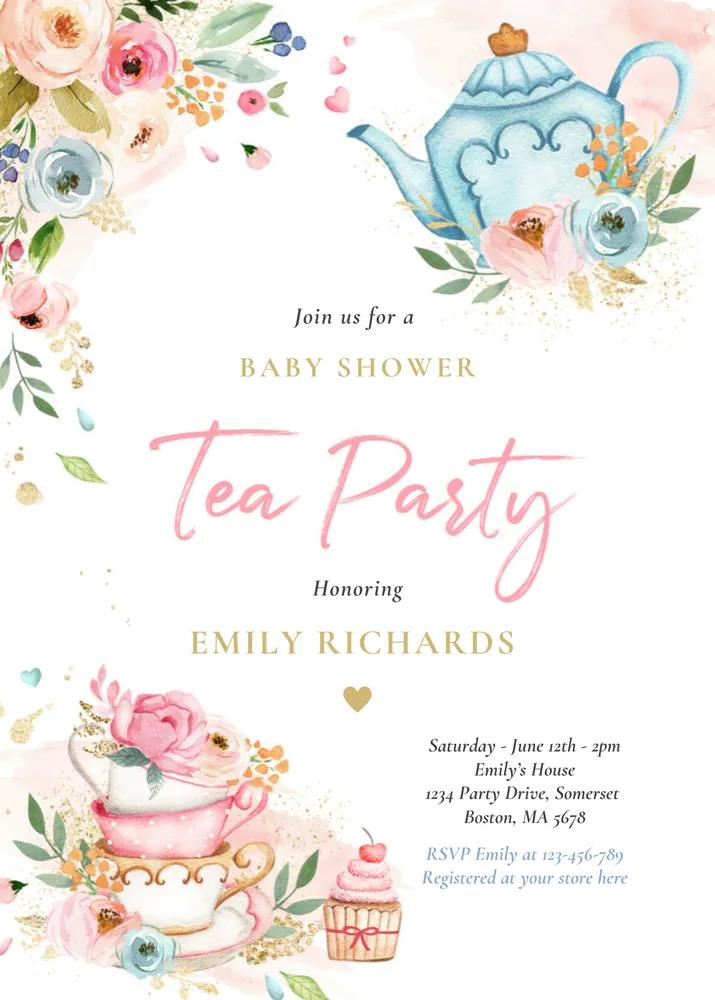 Tea Party Baby Shower Invitation Pink Roses Girl Baby Brewing Canva Template