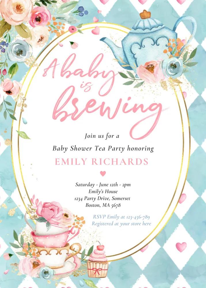 Baby is Brewing Tea Party Baby Shower Invitation Pink Roses Canva Template