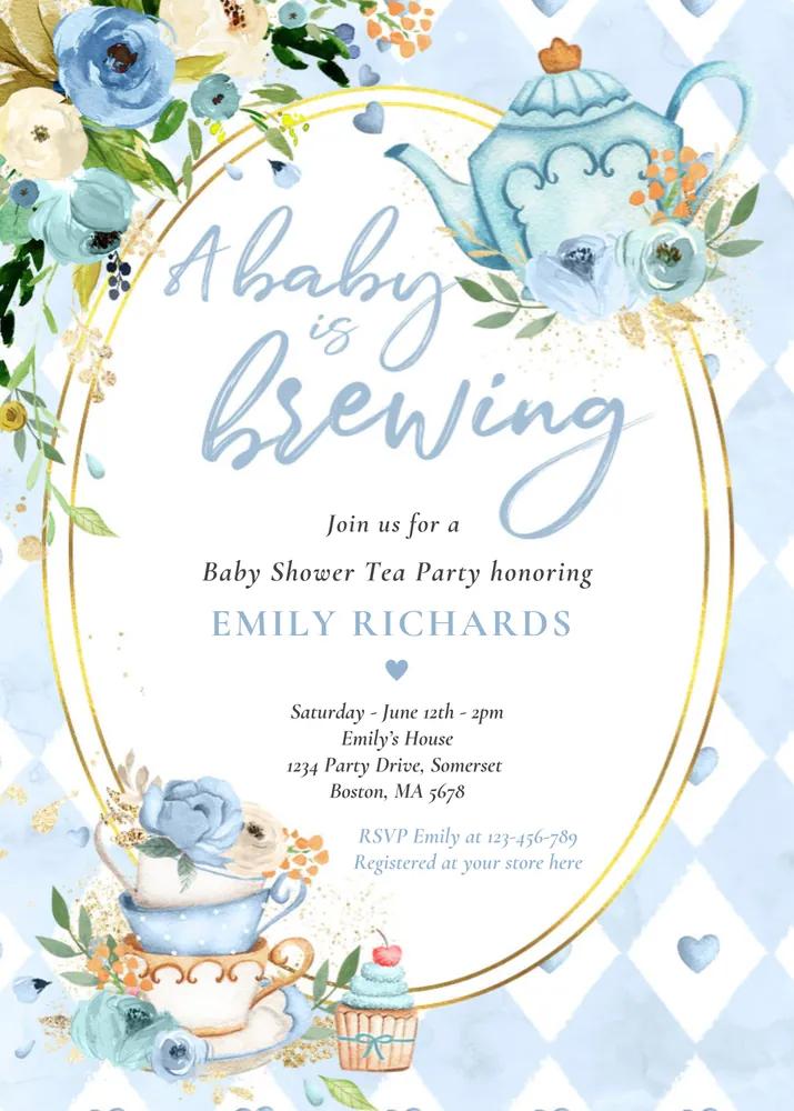 Blue Roses A Baby Is Brewing Tea Party Invitation Canva Template