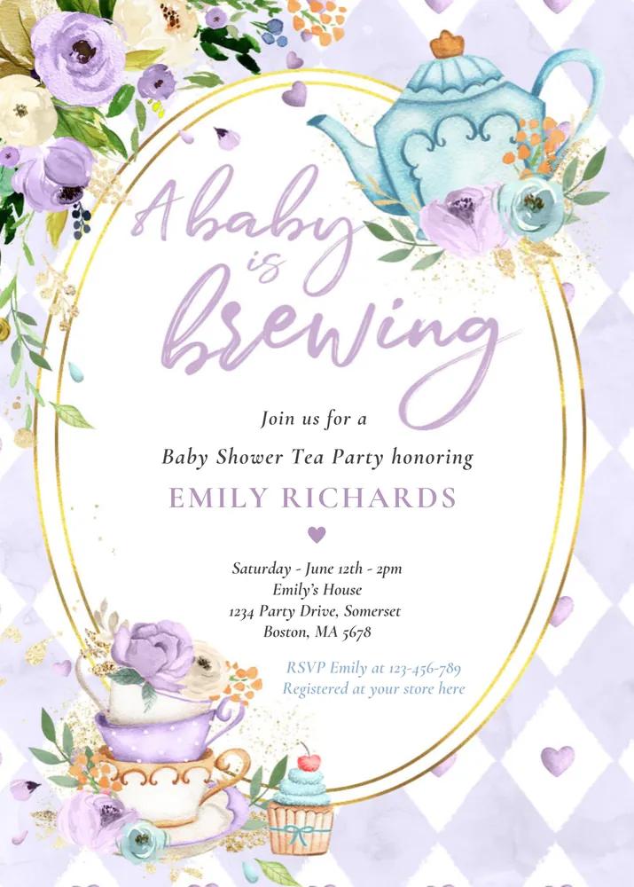 Lilac Rose A Baby Is Brewing Tea Party Invitation Canva Template