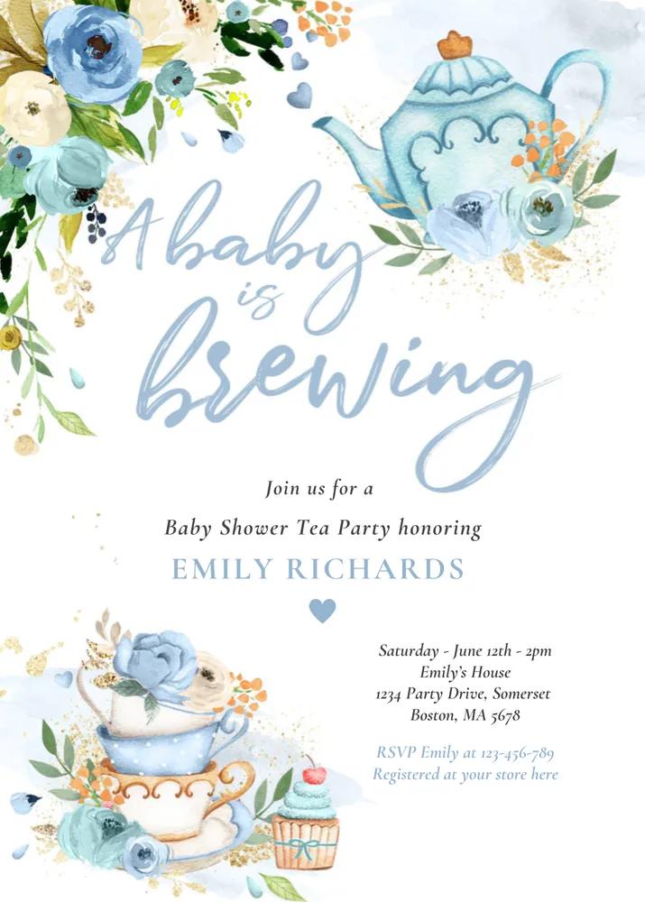 A Baby Is Brewing Tea Party Baby Shower Invitation Purple Canva Template