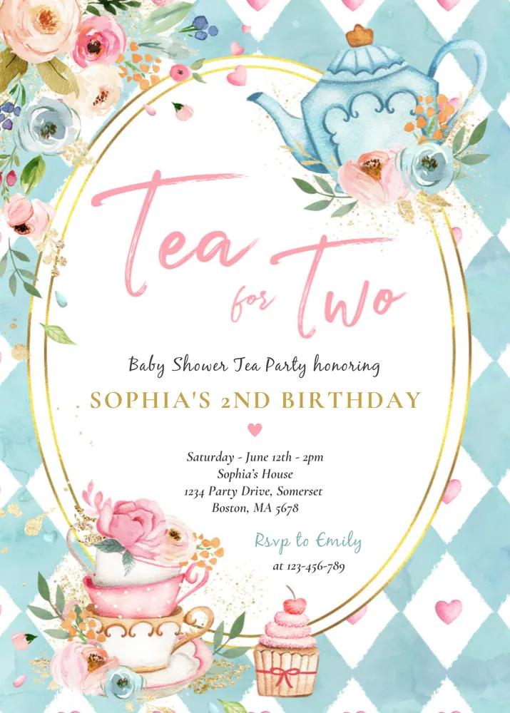 Tea for Two Birthday Invitation Canva Template - Pink and Gold Floral