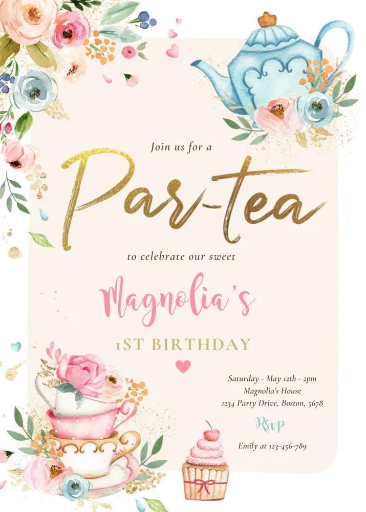 Tea Party Birthday Invitation Girl Pink Gold Floral Par-tea Canva Template