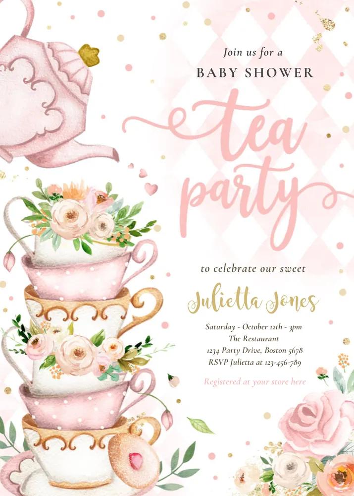 Bridal Shower Tea Party Invitation Canva Template - Blush Pink and Gold Floral