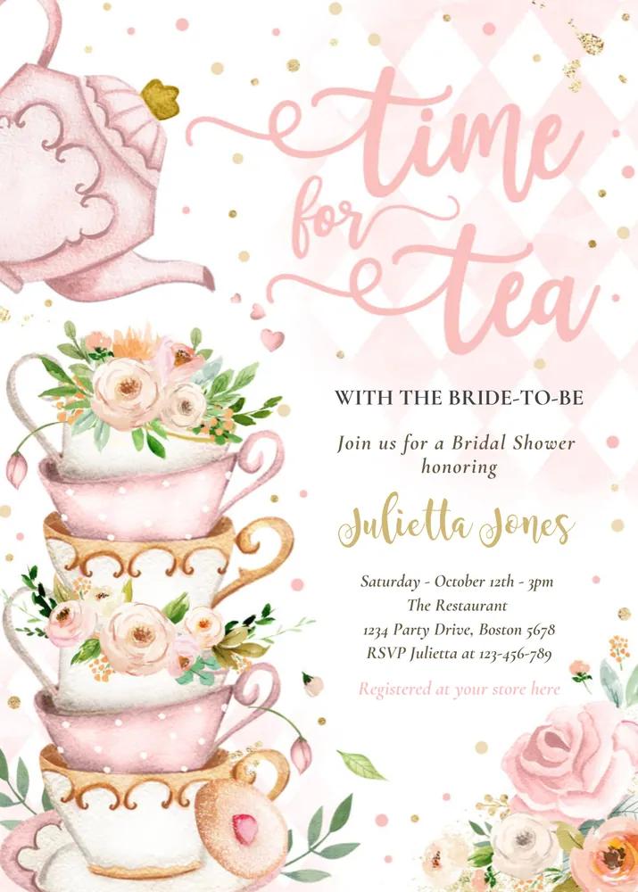 Bridal Shower Tea Party Invitation Canva Template - Blush Pink and Gold