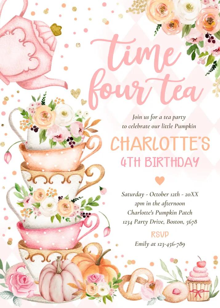 Time Four Tea Birthday Invitation Pumpkin Autumn Floral Canva Template