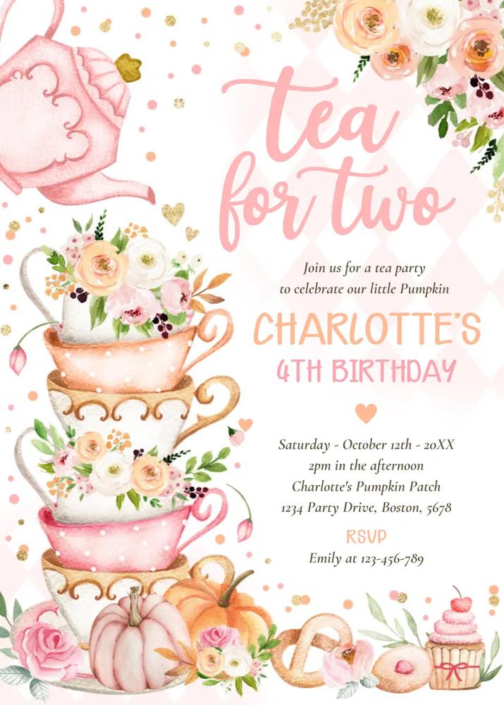 Tea For Two Birthday Invitation | Autumn Pumpkin Floral Canva Template