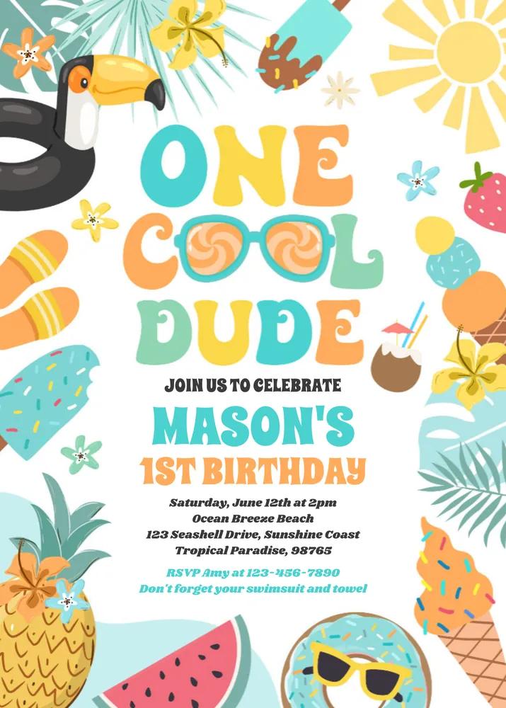 One Cool Dude 1st Birthday Invitation | Tropical Summer Canva Template