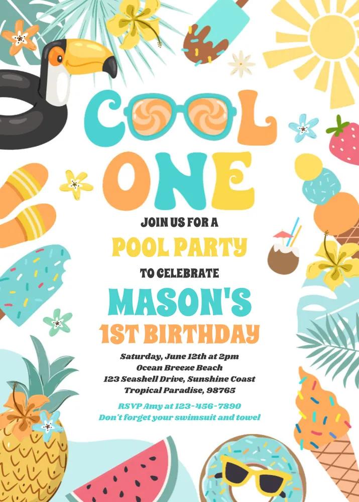 Cool One Tropical Summer Beach 1st Birthday Invitation Canva Template