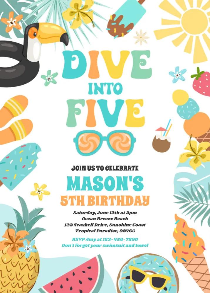 Dive Into Five Tropical Beach 5th Birthday Invitation Canva Template