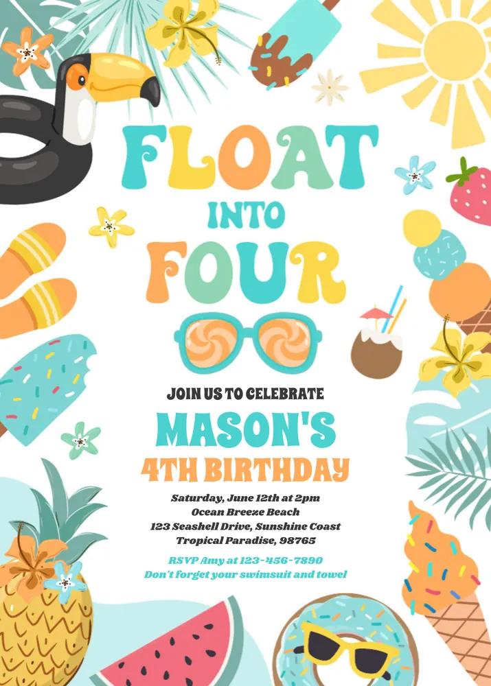 Editable Tropical Beach 4th Birthday Invitation | Float Into Four Canva Template