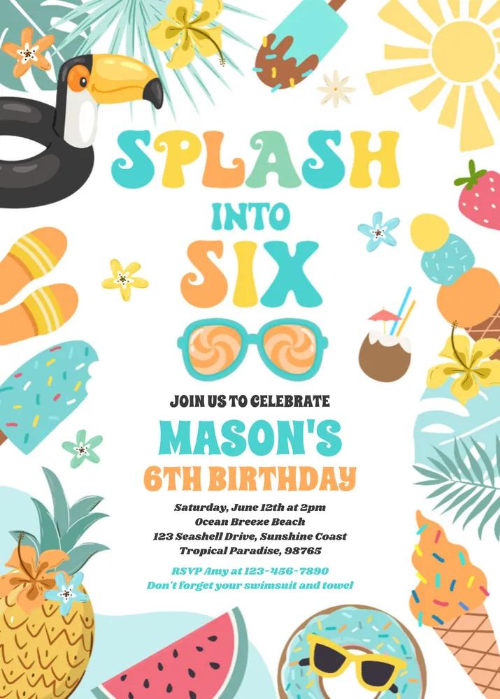 Splash Into Six Tropical Beach 6th Birthday Invitation Canva Template