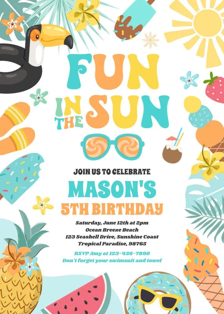 Editable Fun in the Sun Tropical Beach Birthday Invitation Canva Template