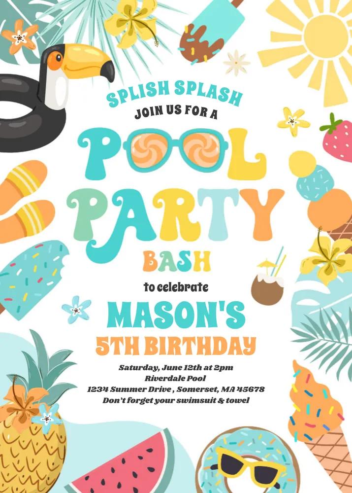 Editable Tropical Pool Party Invitation - Summer Birthday Canva Template