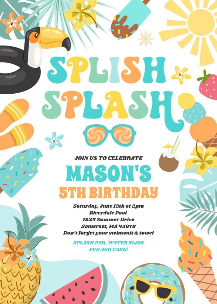 Tropical Pool Party Birthday Invitation - Editable Canva Template