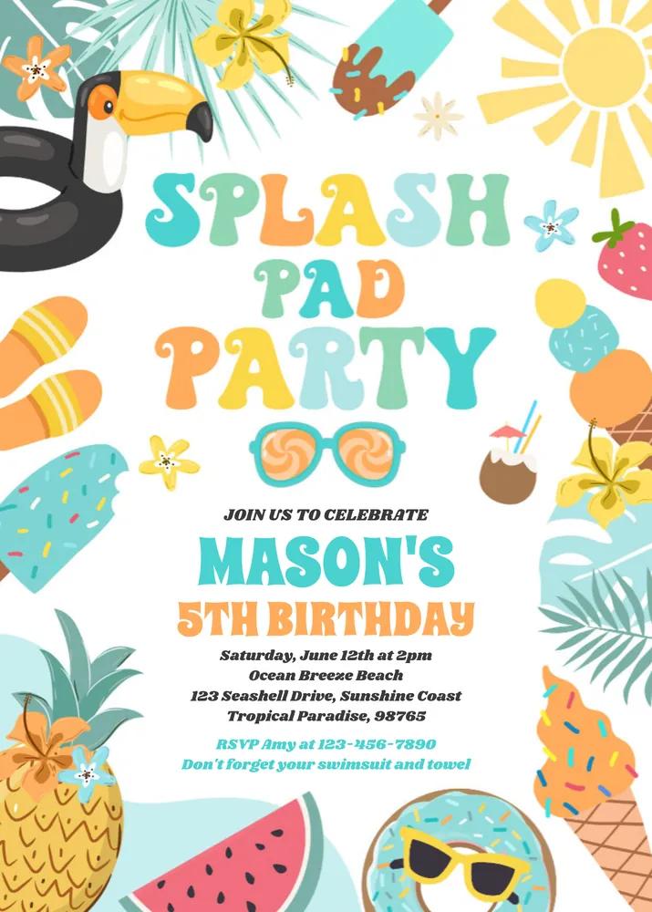 Tropical Splash Pad Birthday Invitation | Editable Canva Template Summer Party