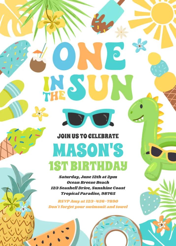 One In The Sun Tropical Beach 1st Birthday Invitation Canva Template