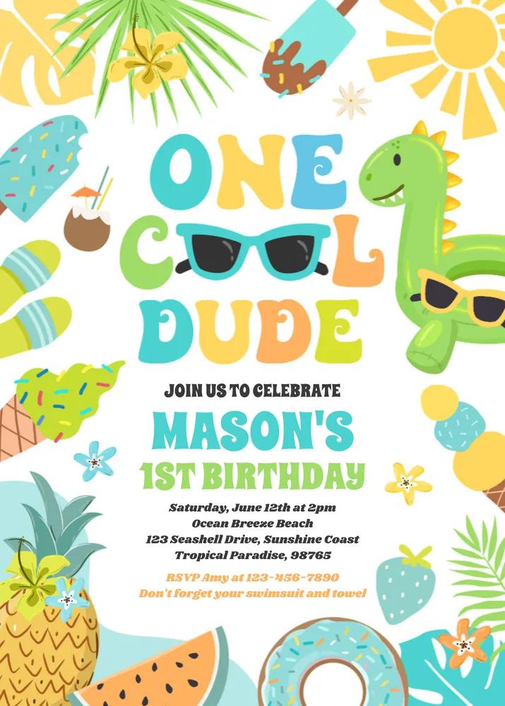 One Cool Dude Tropical 1st Birthday Invitation | Editable Canva Template