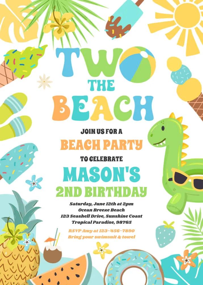 Two The Beach 2nd Birthday Invitation | Summer Beach Party Canva Template