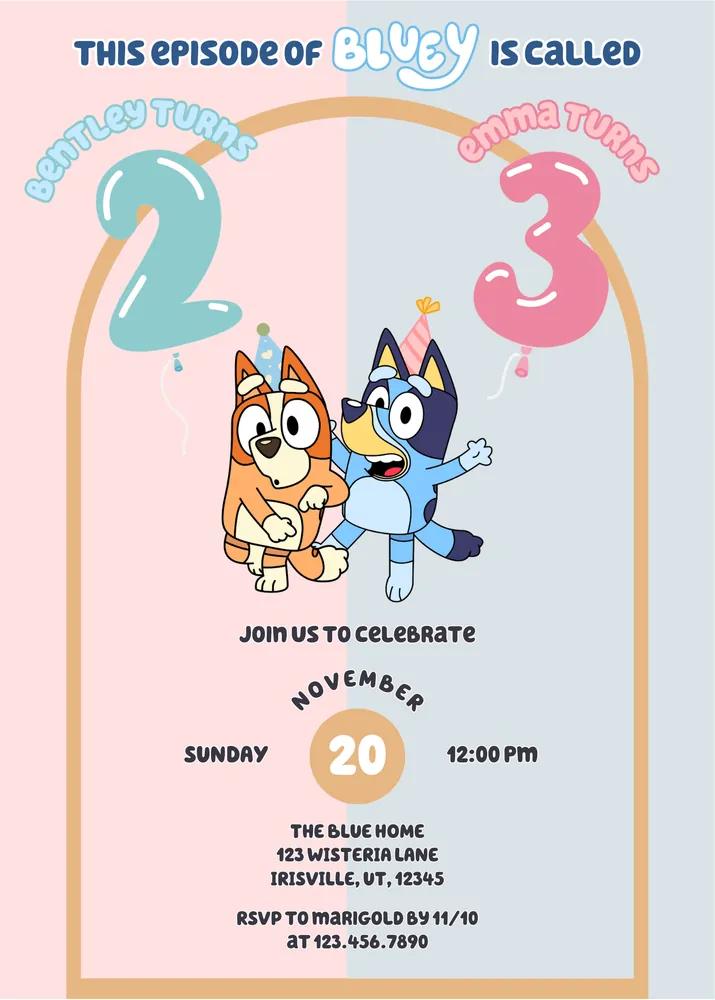 Sibling Bluey Heeler Birthday Invitation Canva Template Blue Pink