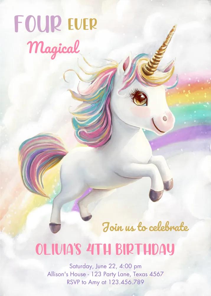 Magical Unicorn Birthday Invitation - Editable Canva Template Rainbow Girl