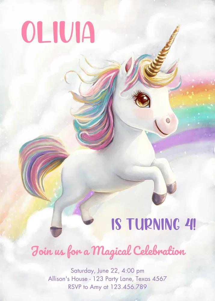 Magical Unicorn Birthday Invitation - Editable Canva Template Rainbow Pastel Girl