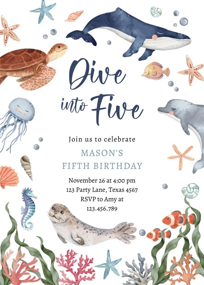 Dive Into Five 5th Birthday Invitation | Editable Canva Under the Sea Template
