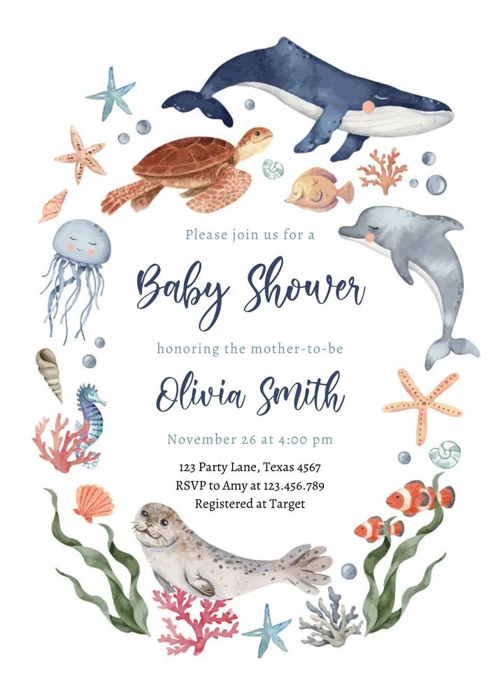 Under the Sea Baby Shower Invitation - Nautical Animals Canva Template