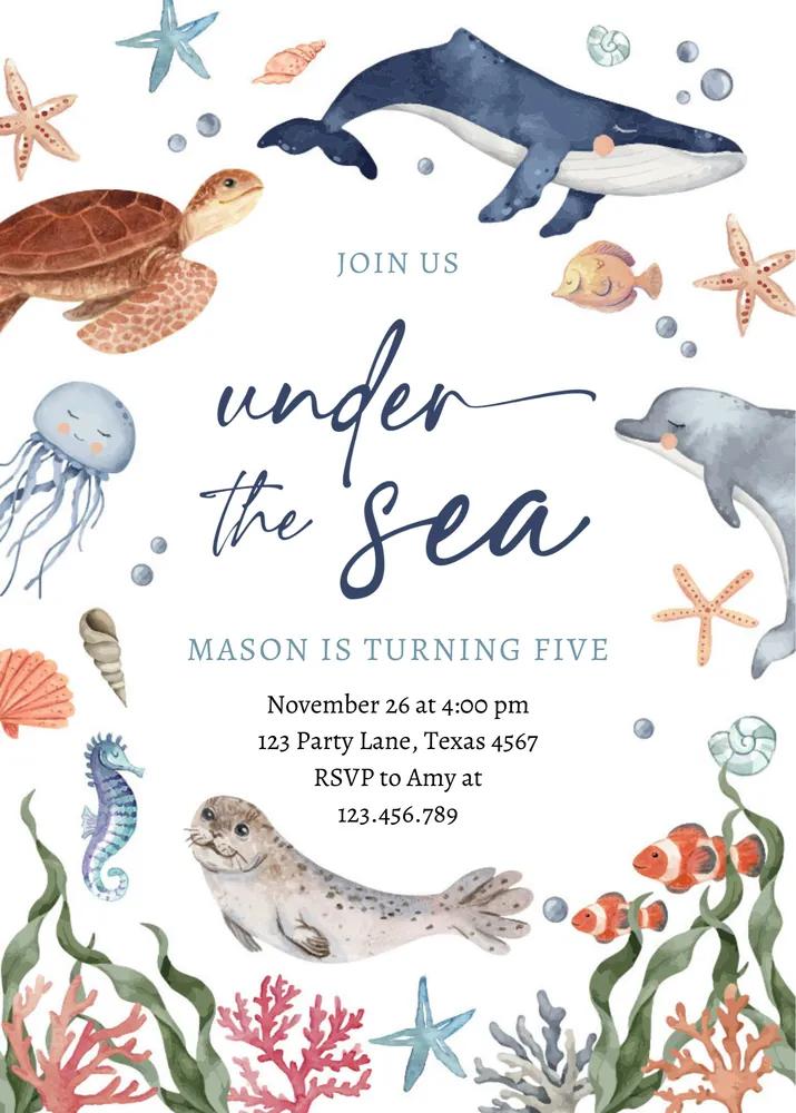 Under the Sea Boy Birthday Invitation | Nautical Ocean Animals Canva Template