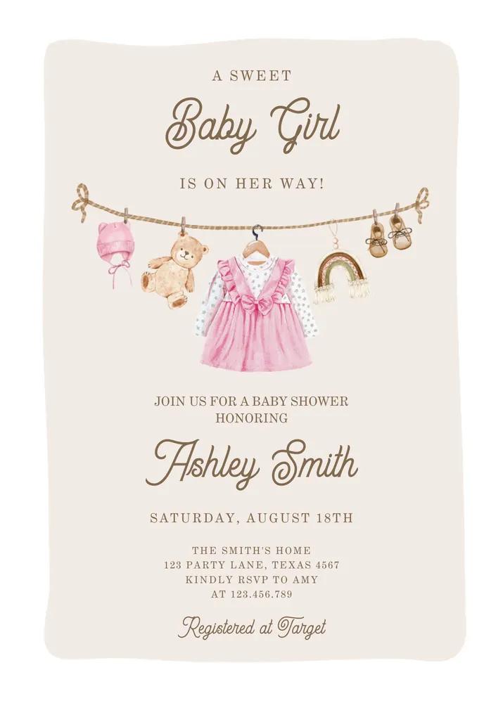 Boho Girl Baby Shower Invitation Canva Template - Clothesline Baby Clothes