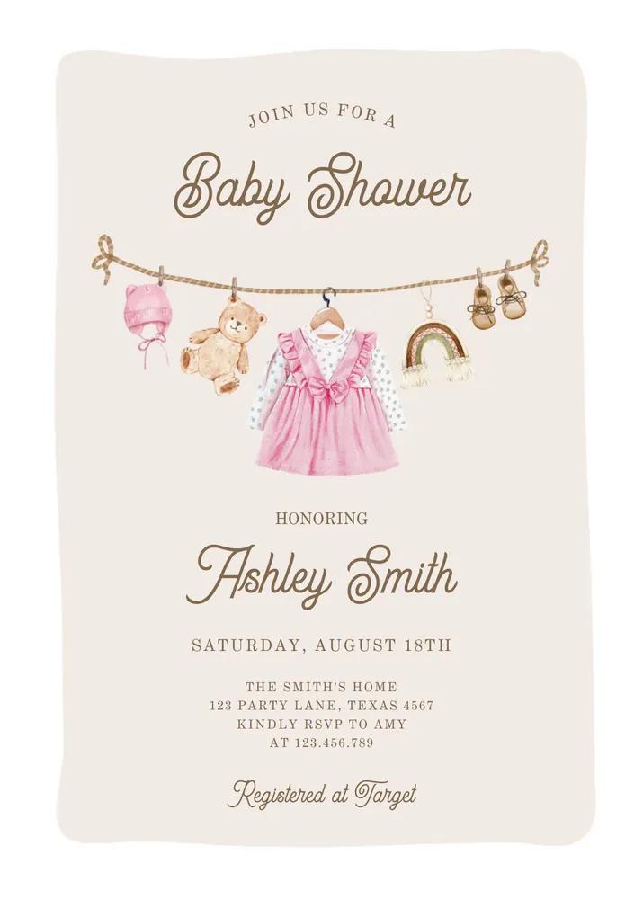Boho Girl Baby Shower Invitation Canva Template - Clothesline Baby Clothes