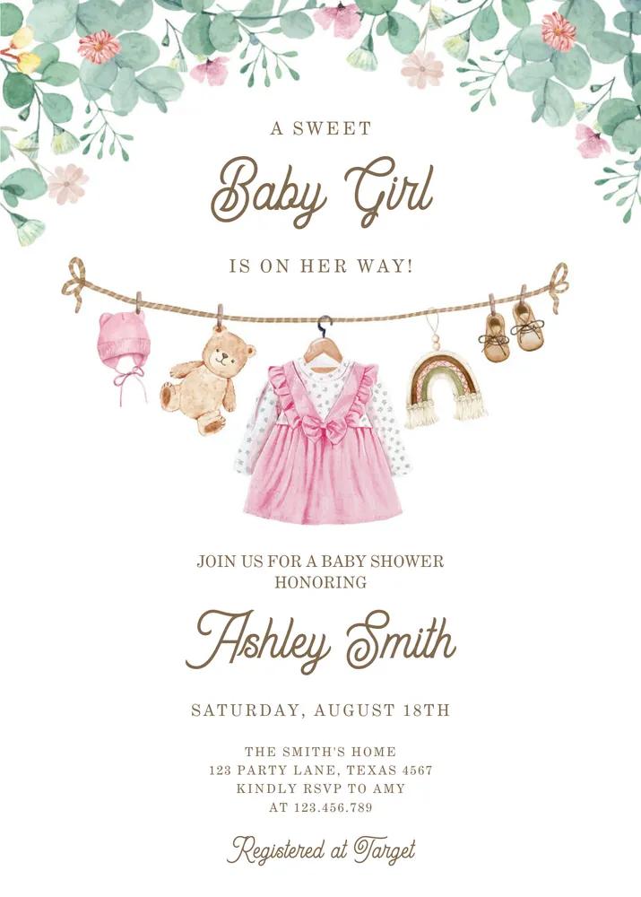 Boho Girl Baby Shower Invitation Canva Template - Clothesline Baby Clothes