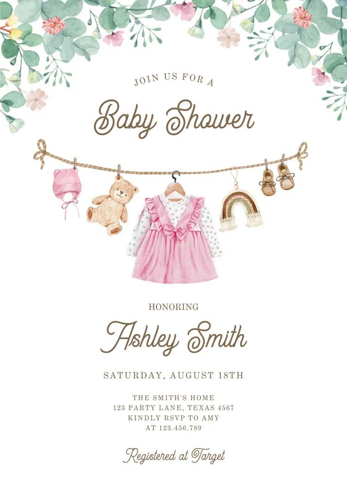 Boho Baby Clothesline Girl Baby Shower Invitation Canva Template