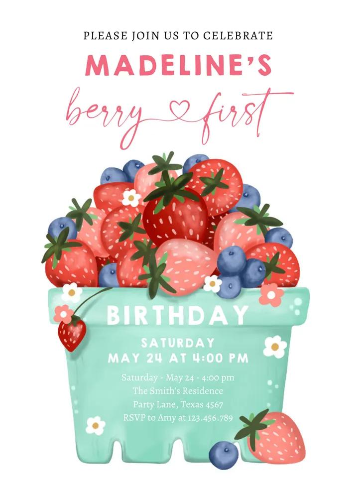 Berry Sweet 1st Birthday Invitation | Strawberry Blueberry Canva Template