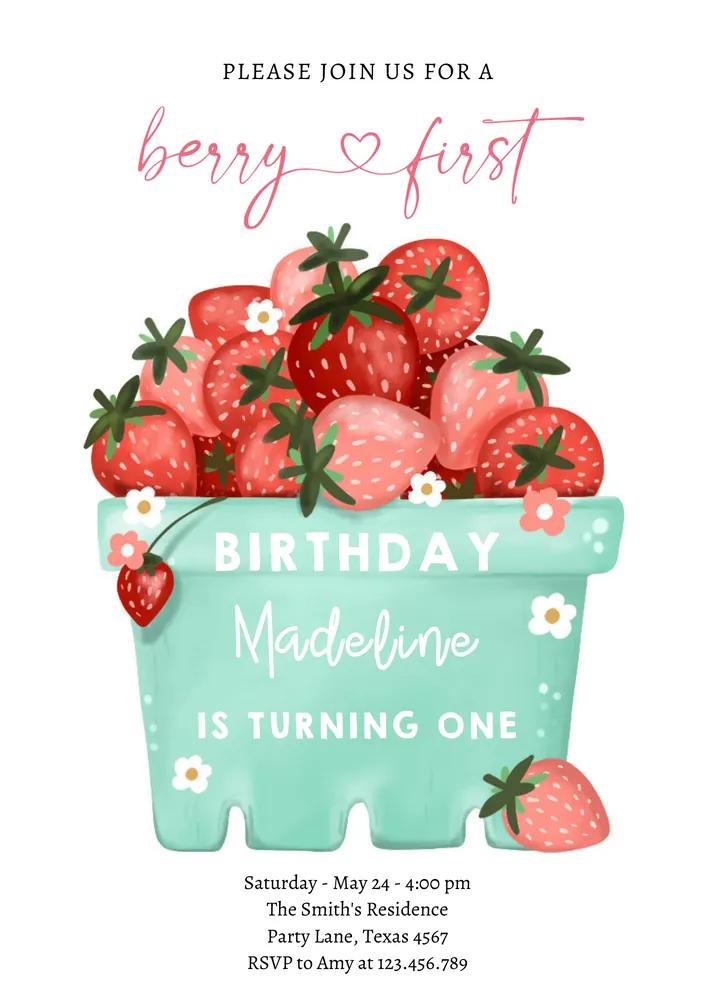 Berry Sweet Strawberry Farmers Market Birthday Invitation Canva Template