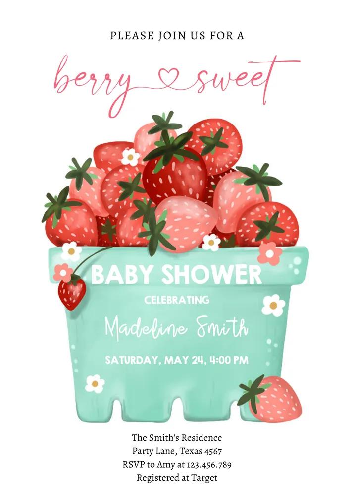 Berry Sweet Strawberry Farmers Market Baby Shower Invitation Canva Template