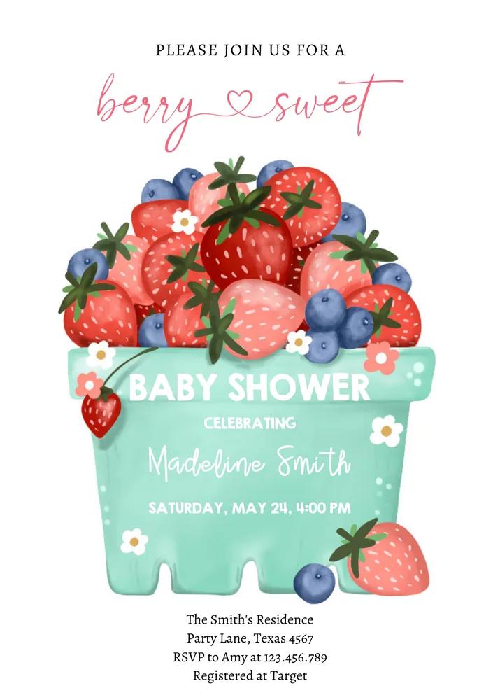 Berry Sweet Strawberry Farmers Market Baby Shower Invitation Canva Template