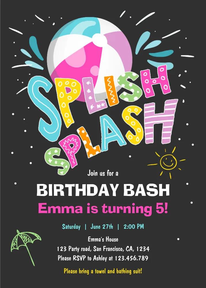 Splish Splash Girl Pool Party Invitation - Editable Canva Birthday Template