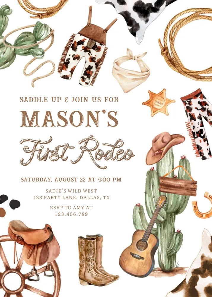 First Rodeo Birthday Invitation | Editable Cowboy Wild West Boy Canva Template