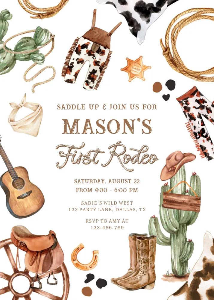 First Rodeo Birthday Invitation | Editable Canva Template Cowboy Wild West Boy