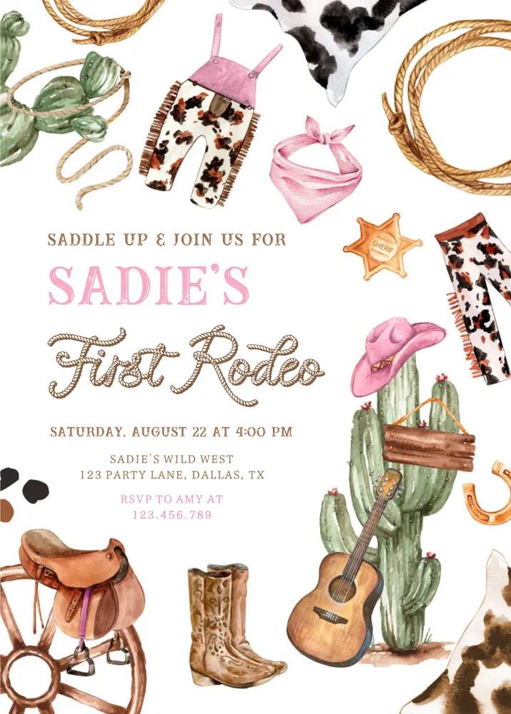 Editable First Rodeo Birthday Invitation | Pink Cowboy Girl Wild West Template