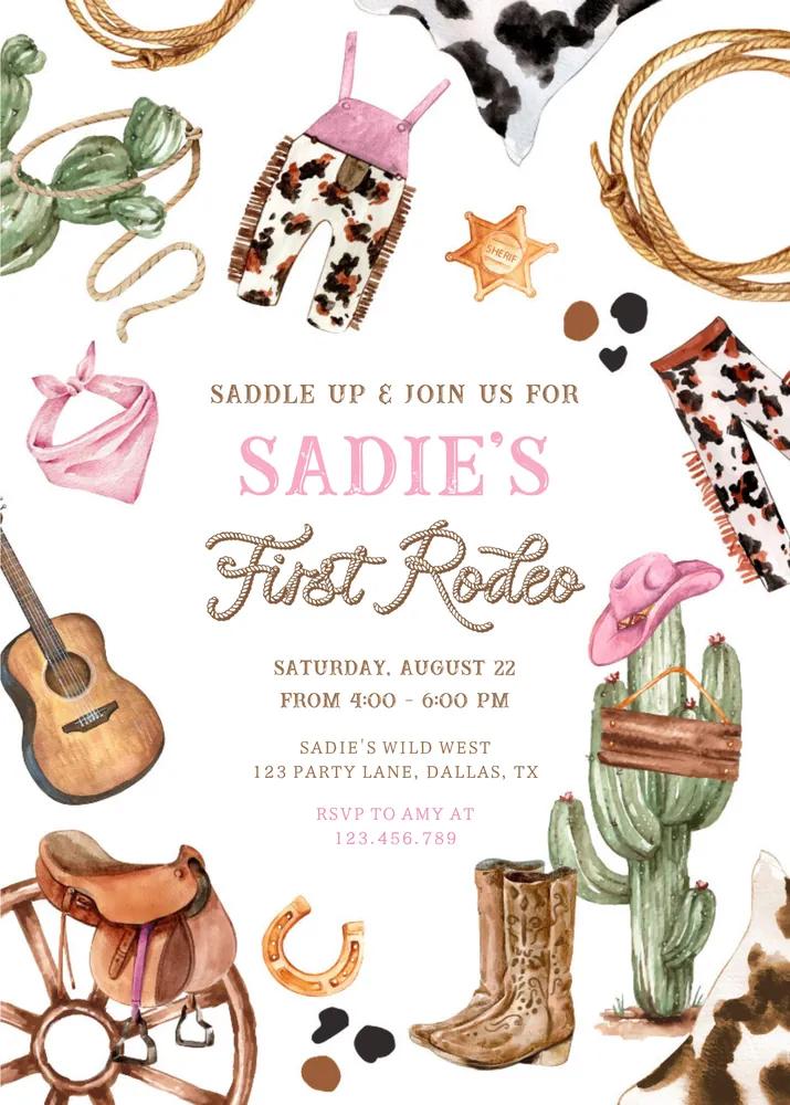 First Rodeo Birthday Invitation | Western Wild West Girl Pink Cowboy Canva
