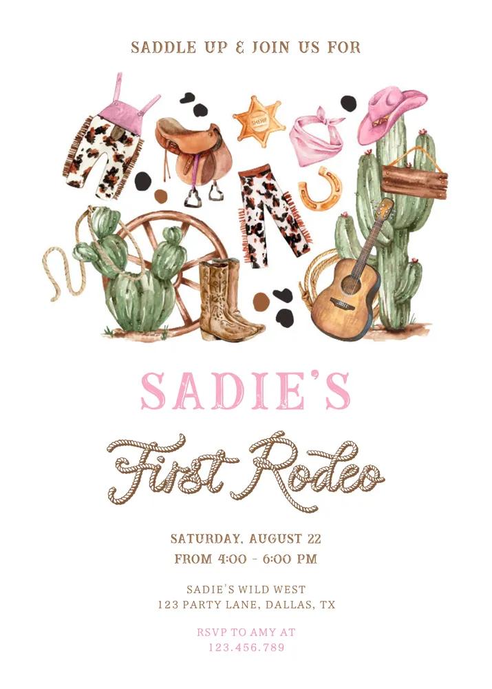 First Rodeo Birthday Invitation | Girl Cowboy Wild West Canva Template